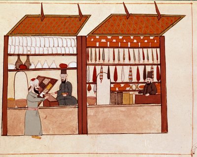 Üzletek Konstantinápoly utcáin. Miniatűr egy 19. századi Cicogna-kéziratból (1828) egy 17. századi eredeti (1671) után. Velence, Biblioteca Marciana alkotó: Unknown artist