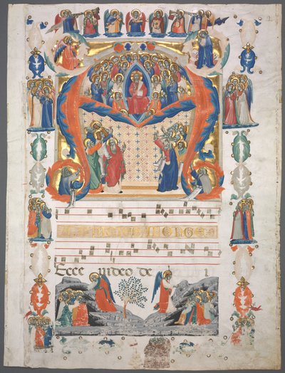 Egyetlen levél kivágott egy antifóniából: Inital A[spiciens a longe] Krisztussal a Felségben alkotó: Unknown artist