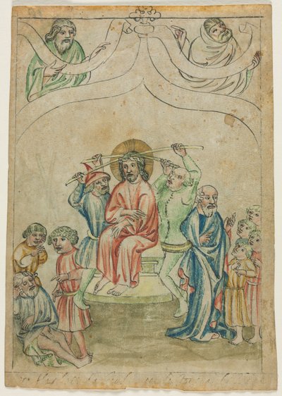 Egyetlen levél a Biblia Pauperumból: Krisztus tövisekkel megkoronázva (recto) alkotó: Unknown artist