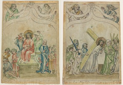 Egyetlen levél a "Biblia Pauperum"-ból: tövisekkel koronázott Krisztus (recto) Krisztus keresztet hordozó (verso) alkotó: Unknown artist