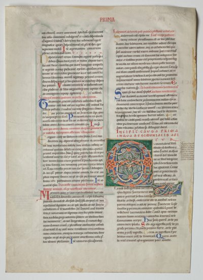 Egyetlen levél egy Gratianus Decretumból: Díszített kezdőbetű Q[uidam Habens Filium Obtulit] és négyes árkád görög és latin ábécé összhangjával alkotó: Unknown artist
