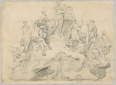 Vázlat Apollónról, a kilenc múzsáról és Pegazusról a Helikon csúcsán alkotó: Unknown artist