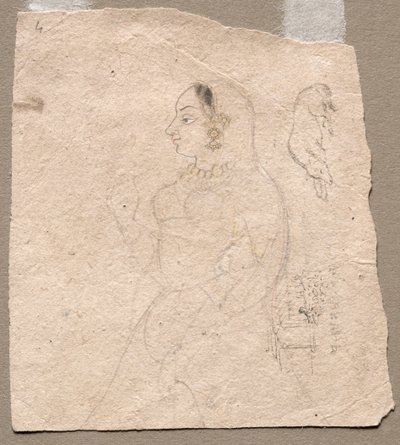 Vázlat egy nőről egy elefánttal és más állatokkal a hátoldalon alkotó: Unknown artist