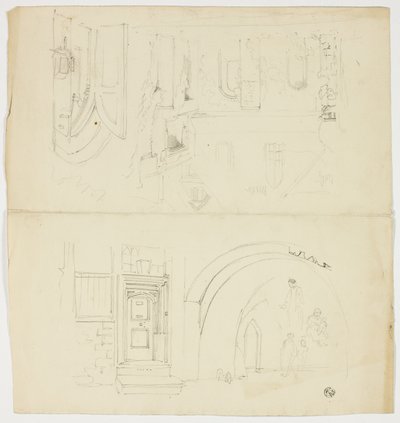 Vázlatok ajtónyílásról, alakokról, épületről a templom oldalsó bejáratával (recto); vázlat a toronyról (verso). alkotó: Unknown artist