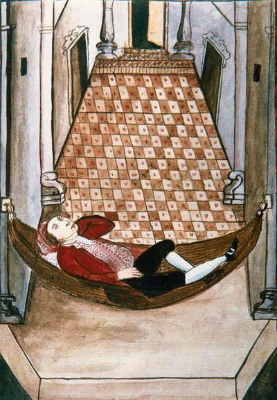 Álmos spanyol egy gazdag palota függőágyában, a "Trujillo del Peru" vagy a "Codex Martinez Companion" című könyvéből, Baltazar Martinez Companion és Bujanda, Trujillo püspöke (1782-1785) alkotó: Unknown artist