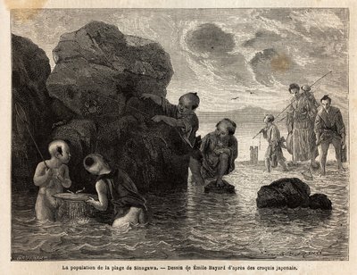Kis horgásztevékenységek Sinagawa egyik strandján, a gyerekek pancsolnak a vízben, rákokat és apró halakat fognak. Aime Humbert, a Svájci Államszövetség minisztere által készített metszet az 1863–1864-es japán utazás szemléltetésére a „Le tour du monde, no alkotó: Unknown artist
