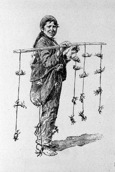 Kicsi üzlet: egy gyerek rák eladó. Szicíliai metszet a XIX alkotó: Unknown artist