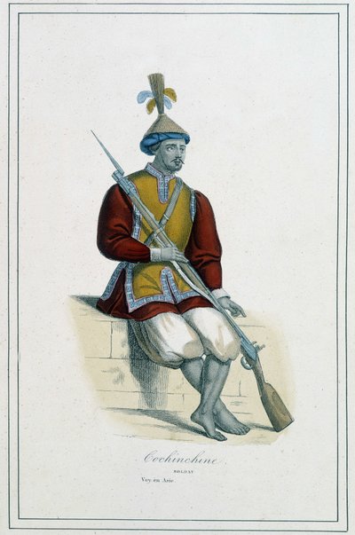 Cochinchine-i páncélos katona – Paul Jonhanneaud apát „A föld különböző népei” című művében, Librairie des Bons livres alkotó: Unknown artist