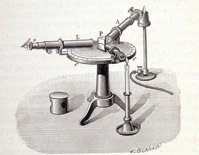 Bunsen és Kirchhoff spektroszkóp – Emile Des Beaux, Flammarion „Physique populaire” című könyvében alkotó: Unknown artist