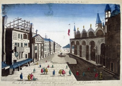 A Szent Márk-templom tere és a Nagy tér, amelyet a velencei Szent Ikrek-templom fejez be. 18. századi metszet. alkotó: Unknown artist