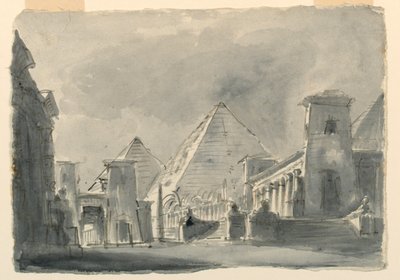 Színpadtervezés, egyiptomi épületek csoportja kívülről alkotó: Unknown artist