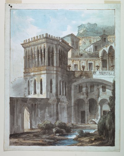 Színpad, kilátás a városra a domboldalon alkotó: Unknown artist