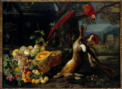 Vadcsendélet, papagáj és gyümölcs A 18. századi Párizs névtelen festménye, dekoratív művészetek alkotó: Unknown artist
