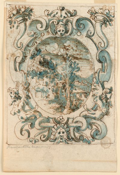 Strapwork kialakítás tájjal alkotó: Unknown artist