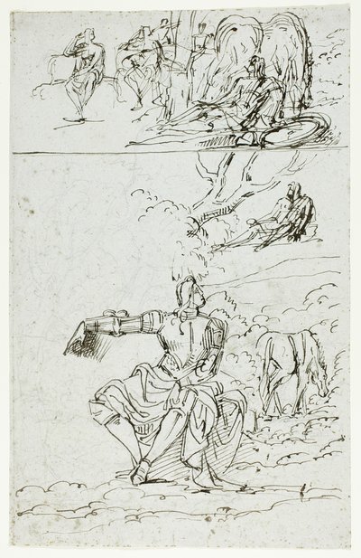 Tanulmánylap ülő lovaggal (recto); álló férfi alak középkori ruhában (verso) alkotó: Unknown artist