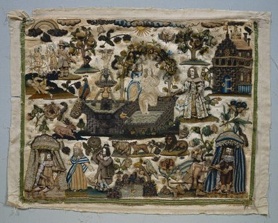 Stumpwork Panel: Dávid és Betsabé története alkotó: Unknown artist