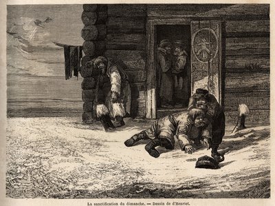 A vasárnapi megszentelődésben köményes ital van, Dorpat munkások. Henriet rajza az orosz balti tartományokba tett 1851-54-es utazásának illusztrálására. Gravírozás a „Le tour du monde”-ban, szerkesztette Edouard Charton alkotó: Unknown artist