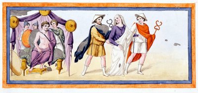 Talthybios és Eurybates elviszi a szűz Briseist Akhilleusz elé, aki a Myrmidonok sátrában áll. Iliász I. ének, v 345. Metszet a 18. század végéről. alkotó: Unknown artist
