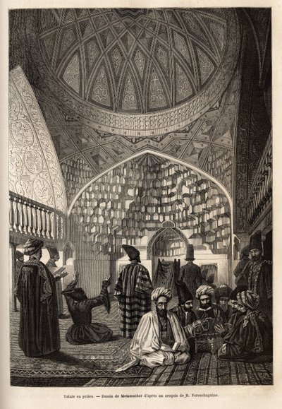 Tatárok imában, a Schusha mecsetben (Kaukázusi, Oroszország). Basile Vereschaguine 1864-1865-ben a Kaukázus tartományaiban tett utazást illusztráló metszet, megjelent a „le tour du monde”-ban, D