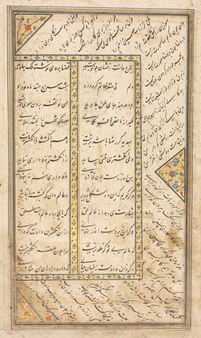 Szövegoldal, perzsa versek (verso) egy antológiában, a Jami Haft Awrang (Seven Thrones) néhány versével; Az ötödik trón Yusuf és Zulaykha alkotó: Unknown artist