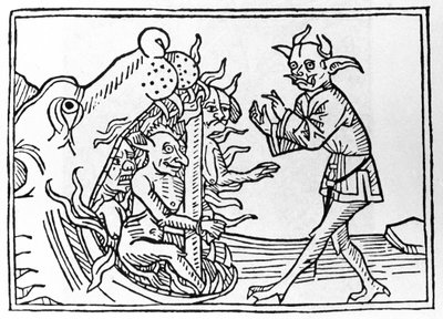 A Belial-folyamat: „A Belial démon visszatér az alvilág bejáratához” Metszet Jacobus de Teramo (vagy Palladino) „The Belial Process” című művéből, Ausburg alkotó: Unknown artist