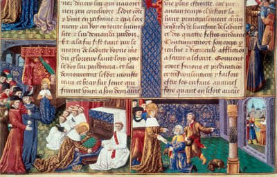 IX. Lajos király (1214-1270) (Szent Lajos) keresztény erényei (például jámborság és áhítat): balról a király átöleli a feszületet, jobbról az Öreghegyet fogadja. Miniatűr kéziratból „A tények könyve Monsignor Saint Louis” 15t alkotó: Unknown artist