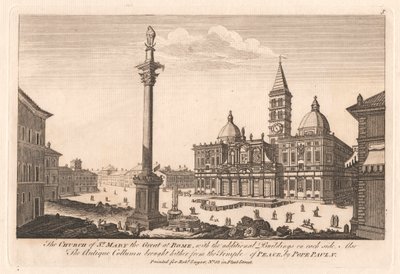 Nagy Szent Mária templom Rómában, a további épületekkel mindkét oldalon; Pál pápa által a Béke Templomából idehozott Antik oszlop is alkotó: Unknown artist