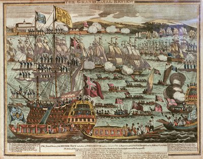 The Grand Naval Review. A brit haditengerészet nagyszemléjére 1814. június 24-én és 25-én került sor Portsmouthban a régens herceg és királyi látogatói jelenlétében, 1814 körül (színes metszet). alkotó: Unknown artist