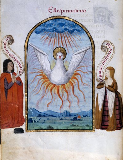 A Szentlélek-kézirat oldala Pedro Marcuello „” Joan the Folle (1479-1555) spanyol királynő áhítatának gyűjteményéből” (“Da Juana királynő áhítata, akit őrült nőnek neveztek”), 15. századi V. ... 0,21x0,14 m Chantilly, Múzeum Áll alkotó: Unknown artist