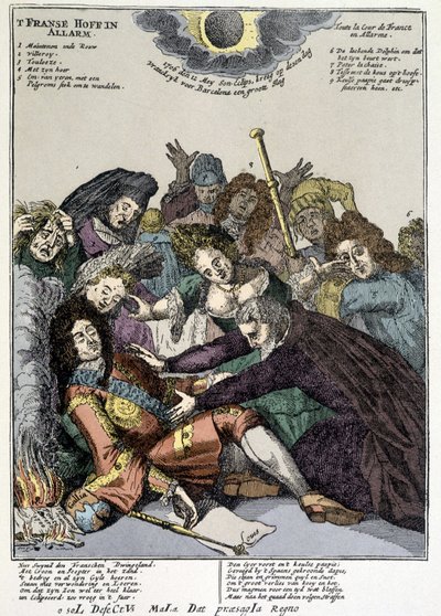 A király elájult, az udvaroncok körülvették, gyászolták: gúny XIV. Lajos hajtókáján Hollandiában és Olaszországban 1706-ban alkotó: Unknown artist