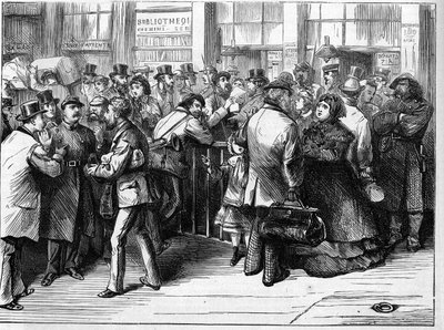 A párizsi kommün 1871-ben. A szövetségi (communards) által végzett útlevél-ellenőrzés a Párizsból az északi vasutakon távozó személyeknél. alkotó: Unknown artist