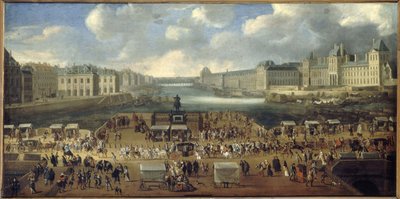 A Pont-Neuf, a Place Dauphine bejárata felől nézve, a Quai Malaquais a Collège des Quatre-Nations, a Grande Galerie és a Louvre, 1669 körül. Egy felvonulás halad át a hídon. A mai 1. és 6. kerület, 1665 és 1669 között. alkotó: Unknown artist