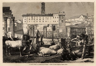 A római fórumon takarmánybérlés van, az ökrök szekerek és ősi romok közepén hevernek. Engravure pour illustrrer le voyage à Rome, Francis Wey, 1864-1868, megjelent a „Le tour du monde”” 1869-ben, szerkesztette Edouard Charton, Hachette kiadás, alkotó: Unknown artist