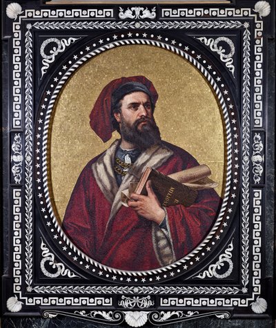 A velencei felfedező, Marco Polo hóna alatt tartja a „Csodák könyve” című művet, útját követve. alkotó: Unknown artist