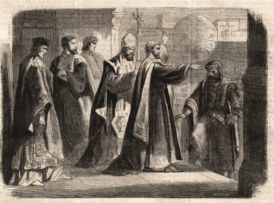 Milánói Szent Ambrosius érsek (Aurelius Ambrosius, Ambrogio di Milano (340-397) megtiltotta a templomba való belépést I. Theodosius (Flavius Theodosius) (347-395) római császárnak, hogy megbüntesse a 390-ben elkövetett thesszaloniki mészárlásért - Excommun alkotó: Unknown artist