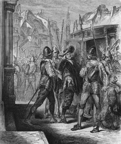 Pierre Brousel (1575 - 1654) 1648-ban történt letartóztatása Ausztriai Anna parancsára, ami az emberek (barikádok napjai) és a Fronde megkönnyebbülését váltotta ki. Metszet 1866-ból. alkotó: Unknown artist