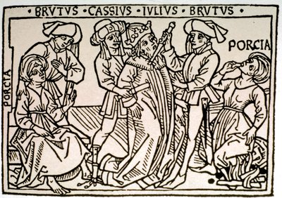 Jules Cesar (Kr. e. 100-44) meggyilkolása: Brutus és Cassius leszúrja, míg Porcie, Brutus felesége eltűnik. századi Róma xilográfiája, Biblioteca Vallicelliana ©Luisa Ricciarini/Leemage alkotó: Unknown artist