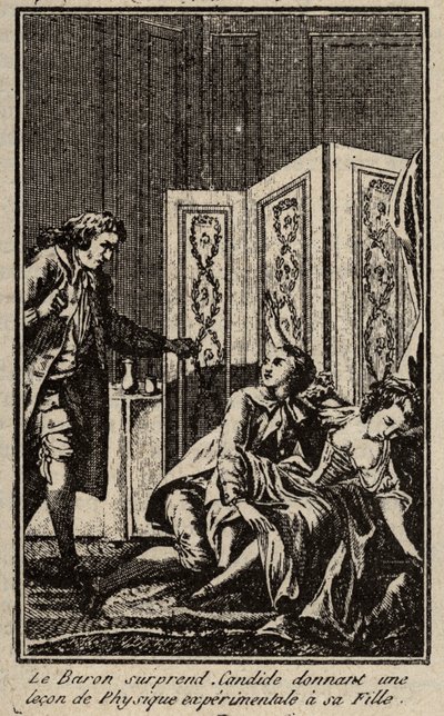A báró meglepi Candide-ot, amikor leckét ad a kísérleti fizikából lányának, Frontispice-nek, a Francois Marie Arouet, Voltaire által írt „” Candide”-hoz. alkotó: Unknown artist