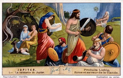 Jupiter születése, Rhea titokban elrejti őt, és vászonba csomagolt követ ad a Titán Szaturnusznak - Liebig kromolitográfia alkotó: Unknown artist