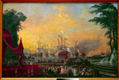Provence grófja (a leendő XVIII. Lajos) és II. József osztrák császár, névtelen festmény látogatása során felrobban a touloni sáncflotta. 18. századi Párizsi Tengerészeti Múzeum alkotó: Unknown artist