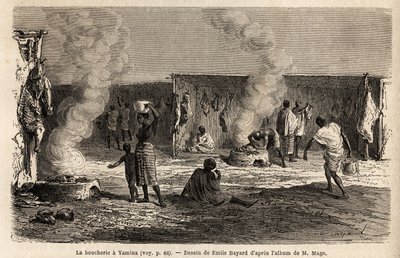 A Yamina Market (Niger) hentesei a hús felakasztására szolgáló kampókkal felszerelt karókkal, valamint kemencékkel, amelyekben a húst közvetlenül meg lehet főzni, amelyet muszlim rítusok szerint vágnak le. Metszet a hadnagy nyugat-szudáni utazásának illusz alkotó: Unknown artist