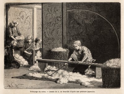 A gyapot tisztítása Yedo (vagy Edo, mai Tokió) északi kerületében található műhelyben, mivel Japánnak még mindig nincs gyára, ezt a kétkezi munkát a nőkre bízzák, akik közösen, otthon végzik feladatukat. Metszet Japán illusztrálására alkotó: Unknown artist