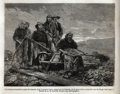 Szénválogatók, Creusot típus; az előtérben, a talicskán ülve, a válogatók közül a legidősebb, Dion anya, 36 éves válogatás. Metszet a Creusot-ba, valamint Saone és Loire bányáiba tett utazás szemléltetésére 1865-ben, L. Simonintól alkotó: Unknown artist