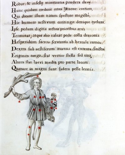 Az ábrázolt csillagkép a Bouvier (vagy Boots) csillagkép, amely a bal kezével megtámasztja Berenices haját. Egy 18. századi kézirat oldala, amely Biasino da Parma (Parma Blaise) (1425-1457) eredeti „Astronomica” kéziratán alapul. alkotó: Unknown artist
