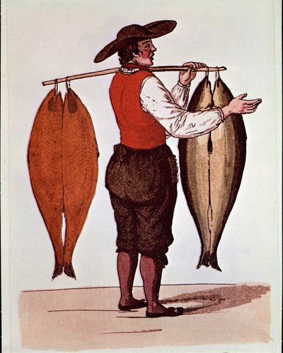 Párizs kiáltásai: egy sétáló lazackereskedő az Elbát szívja. Névtelen 19. századi nyomtatvány. Magángyűjtemény alkotó: Unknown artist