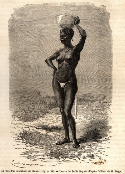 Egy marabout lánya Oualet-ből (Mauritánia), aki fekete szappant készít a fején. A „Le tour du monde, nouveau Journal des voyages” című folyóiratban megjelent metszet M. Mage hadnagy (haditengerészet) nyugat-szudáni útját szemléltető 1863-1866-ban. alkotó: Unknown artist