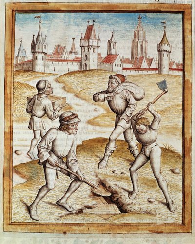 Egy kincstár felfedezése egy erődített város külvárosában Miniatűr, amely Bidpai „Kalila (Calila) és Dimna” meséinek német fordításából származik. (ms. 1389, fol. 1) 1480 körül Chantilly, Museum Conde alkotó: Unknown artist