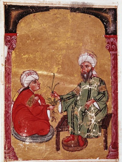 Az orvos és botanikus Pedanius Dioscoride (Pedanius Dioscorides) (i.sz. 40-90) ül egyik tanítványával Miniatűr a „De materia medica” értekezéséből” (ms Ahmed III, 2147, folio 217a) 1229 Topkapi Sarayi Múzeum könyvtára, Isztambul alkotó: Unknown artist