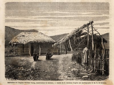 Egy angol építőmester lakása és hajógyára Noumea mellett, aki bennszülött munkaerőt alkalmaz vagy elítéli őket kemény munkájuk végéig. Engravure pour illustrrer le voyage à la Nouvelle Caledonie, Jules Garnier, bányamérnök 18-ban alkotó: Unknown artist