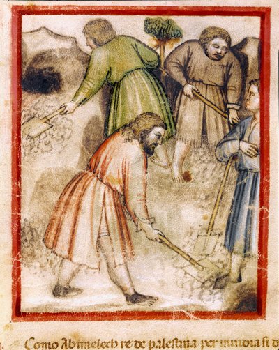 Az irigy filiszteusok a 212-es kódexből (vagy padovano kódexből vagy a padovai Bibliából) 1390-1400 Rovigo, Accademia dei Concordi által írt miniatűr Isaac üreges kutakat töltenek meg alkotó: Unknown artist